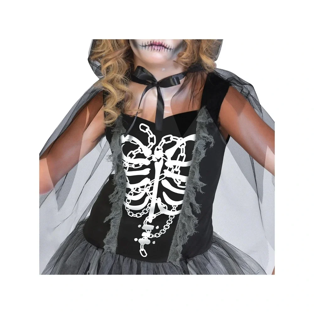 Girls Grim Reaper Skeleton Halloween Costume Size medium 8-10 Dress & Cape - Picture 5 of 10